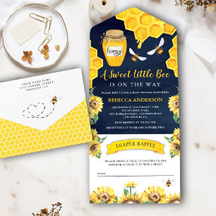 Invitación Todo En Uno Girasoles Rústicos Miel Abeja Azul Marino Baby Sho