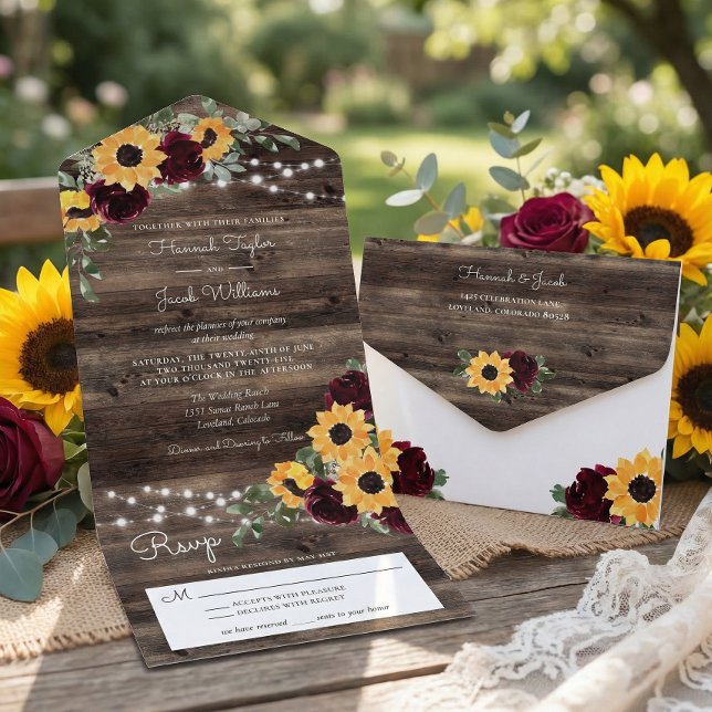 Invitación Todo En Uno Girasoles Rústicos Rosas Boda (Subido por el creador)