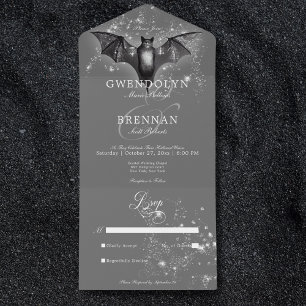 Invitación Todo En Uno Glam Bat y Diamantes Oscuros De Halloween Sin Cena