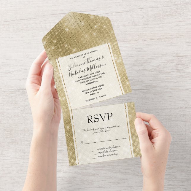 Invitación Todo En Uno Glam Champagne Gold Glitzy Sparkle (desgarro)