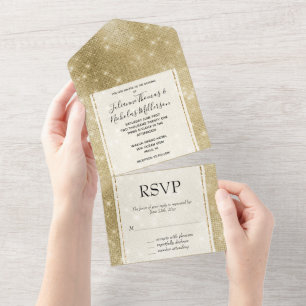 Invitación Todo En Uno Glam Champagne Gold Glitzy Sparkle