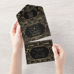 Invitación Todo En Uno Glam Gold Black Great Gatsby Art Deco Boda