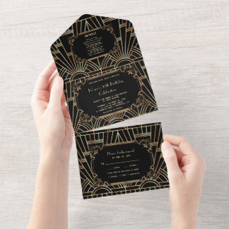 Invitación Todo En Uno Glam Gold Black Great Gatsby Art Deco Cumpleaños