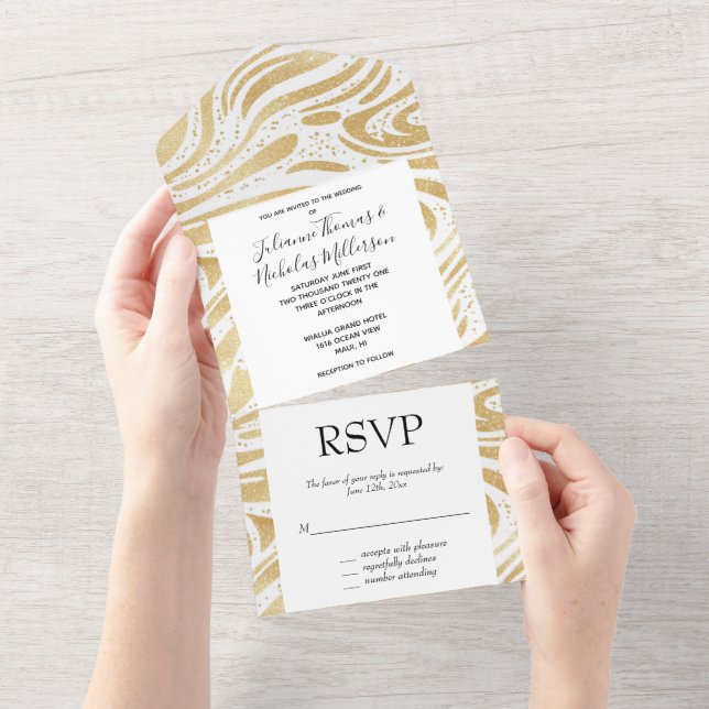 Invitación Todo En Uno Glam Gold White Abstract Swirls Boda (desgarro)
