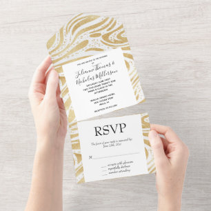 Invitación Todo En Uno Glam Gold White Abstract Swirls Boda