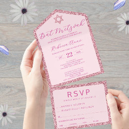 Invitación Todo En Uno Glam Pink Classic Elegant Bat Mitzvah RSVP