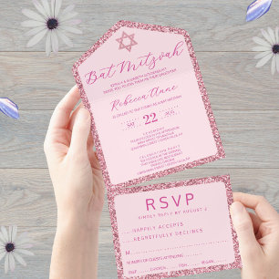 Invitación Todo En Uno Glam Pink Classic Elegant Bat Mitzvah RSVP