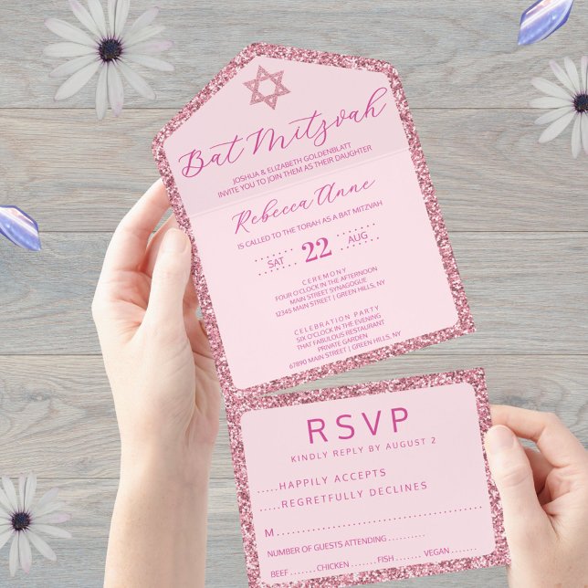 Invitación Todo En Uno Glam Pink Classic Elegant Bat Mitzvah RSVP (All in one Bat Mitzvah invitations in pink glam include a handy tear away RSVP postcard)