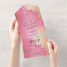 Invitación Todo En Uno Glam Rosa y Dorado