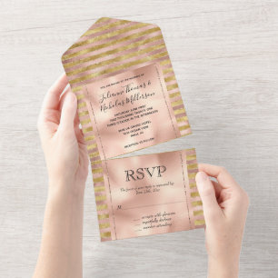 Invitación Todo En Uno Glam Rosa y Gold Glitzy Stripes