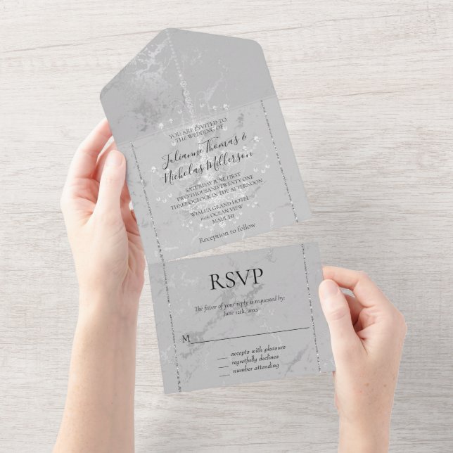 Invitación Todo En Uno Glam Silver Marble Diamond Chandelier (desgarro)