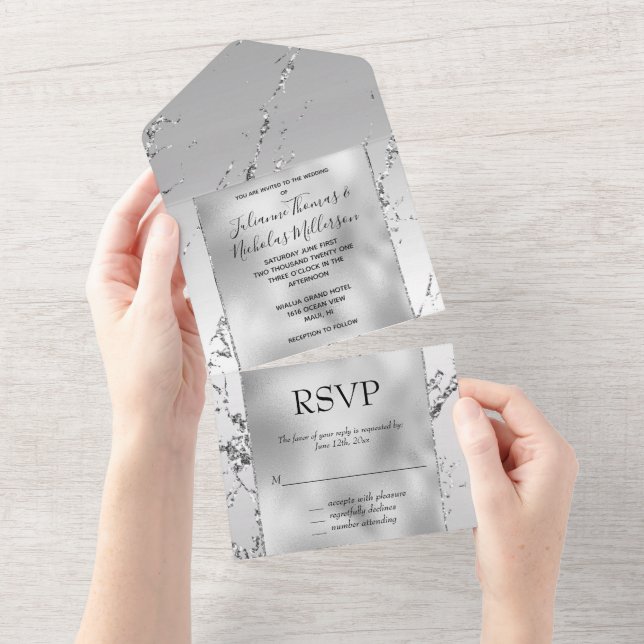 Invitación Todo En Uno Glam Silver Purpurina Glitzy Marble (desgarro)