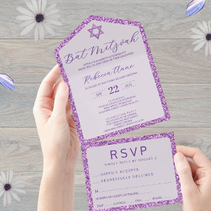 Invitación Todo En Uno Glamour Púrpura Clásico Elegante Bat Mitzvah RSVP