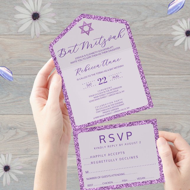 Invitación Todo En Uno Glamour Púrpura Clásico Elegante Bat Mitzvah RSVP (Add a little faux glitter to your Bat Mitzvah invitations with this purple all in one invite style)