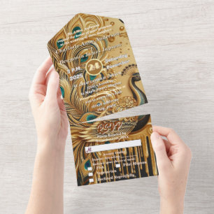 Invitación Todo En Uno Glitter Gold Goteo Elegante Pavo Real