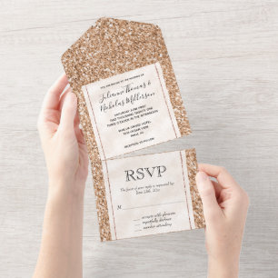 Invitación Todo En Uno Glitz, Rosa Gold Rubor Purpurina blanco