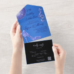 Invitación Todo En Uno Glitzy Blue y Black 30th Birthday QR Code<br><div class="desc">Hermosa ostentosa elegante elegante celebración de cumpleaños número 30 todo en una sola invitación con QR CODE. Un brillante zapato de tacón de tacón alto de diamante de joyas diamante de imitación y un colorido aroma a juego rodean los detalles de tu evento, en un elegante fondo azul. La parte...</div>