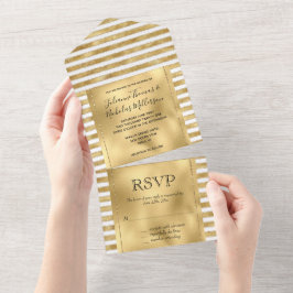 Invitación Todo En Uno Glitzy Gold White Glam Rayas Purpurinas