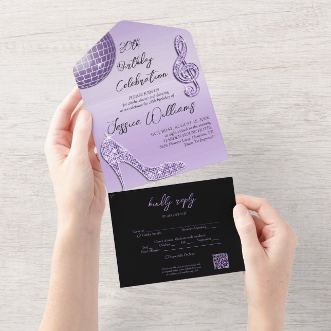 Invitación Todo En Uno Glitzy Lilac y Black 30 Birthday QR Code (desgarro)