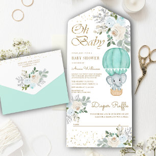 Invitación Todo En Uno Globo Aerostático Floral Menta Elefante Baby Showe