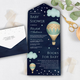 Invitación Todo En Uno Globo aerostático verde vintage baño de bebé azul