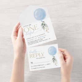 Invitación Todo En Uno Globo azul, eucalipto, vegetación, primer cumpleañ