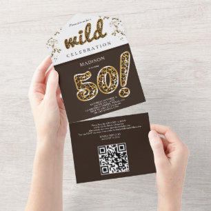 Invitación Todo En Uno Globo de Relieve metalizado Leopard 50 cumpleaños