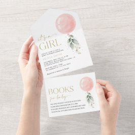 Invitación Todo En Uno Globo rosa, eucalipto, vegetación, Baby Shower