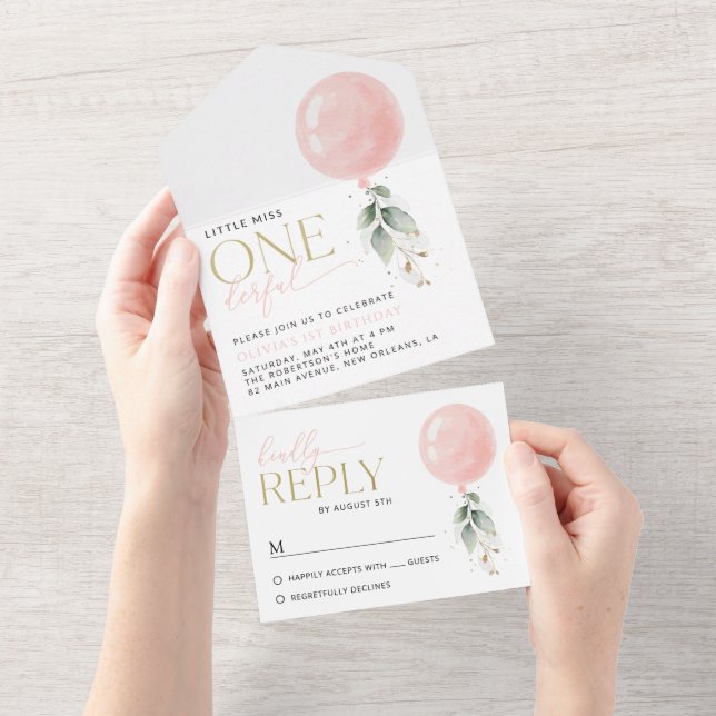 Invitación Todo En Uno Globo rosa, eucalipto, vegetación, primer cumpleañ (desgarro)
