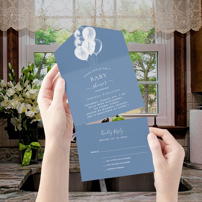 Invitación Todo En Uno Globos blancos polvorientos de Baby Shower RSVP (Subido por el creador)