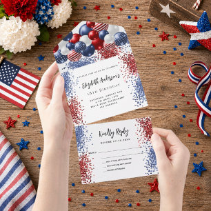 Invitación Todo En Uno Globos rojos blancos y azules patrióticos cumpleañ