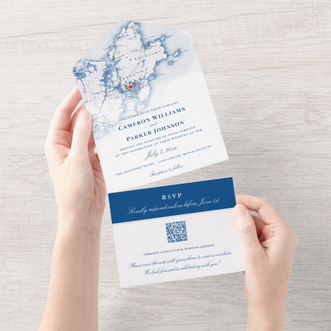 Invitación Todo En Uno Gloucester Massachusetts Map Elegant Navy (desgarro)