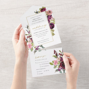 INVITACIÓN TODO EN UNO GOLD BURGUNDY ROSA RUBOR FLORAL WATERCOLOR BODA