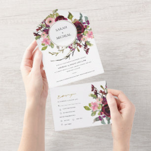 INVITACIÓN TODO EN UNO GOLD BURGUNDY ROSA RUBOR FLORAL WATERCOLOR BODA