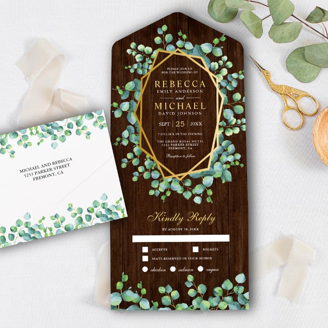 Invitación Todo En Uno Gold Geometric Eucalyptus Leaves Wood Wedding (Subido por el creador)