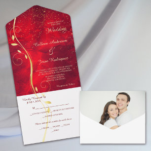 Invitación Todo En Uno Gold Leaf Red Photo Template All in One Wedding