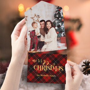 Invitación Todo En Uno Gold Merry Christmas on Red Tartan Photo
