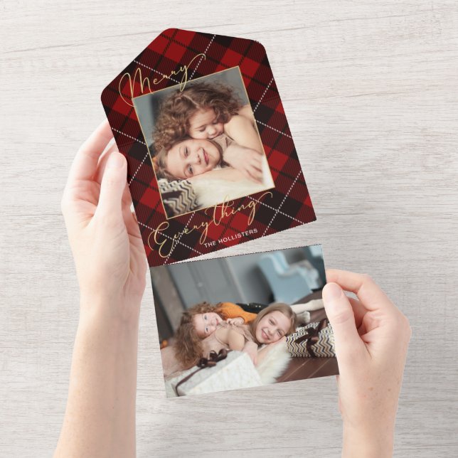 Invitación Todo En Uno Gold Merry Everything Calligraphy Red Plough Photo (desgarro)