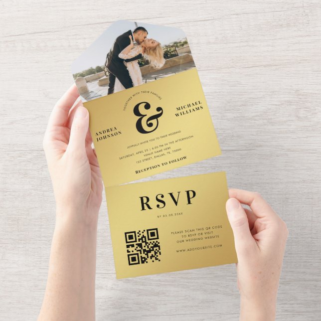 Invitación Todo En Uno Gold Moderno Photo & Ampersand Boda QR Code (desgarro)