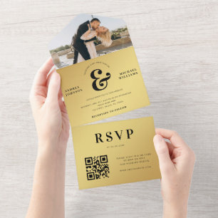 Invitación Todo En Uno Gold Moderno Photo & Ampersand Boda QR Code