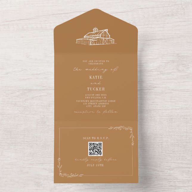 Invitación Todo En Uno Goldenrod QR, Boda de Granja Rústica Barn (Interior)