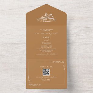 Invitación Todo En Uno Goldenrod QR, Boda de Granja Rústica Barn