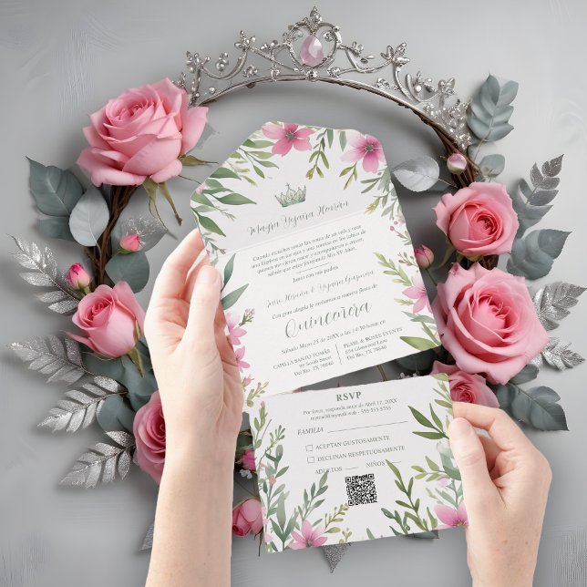 Invitación Todo En Uno Gorgeous Romantic Pink & Green Princess Tiara (Gorgeous Romantic Pink & Green Princess Tiara on Floral Frame Watercolor Effect Spanish Quinceañera )