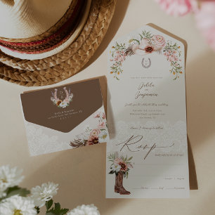 Invitación Todo En Uno Gorra de Vaquero Floral País Monograma Occidental