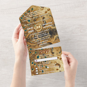 Invitación Todo En Uno Gota de oro purpurina Peacock elegante
