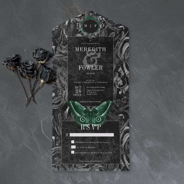 Invitación Todo En Uno Gothic Black Green Filigree Moth No Dinner Wedding (Gothic Black Green Filigree Moth No Dinner Wedding All In One Invitation)