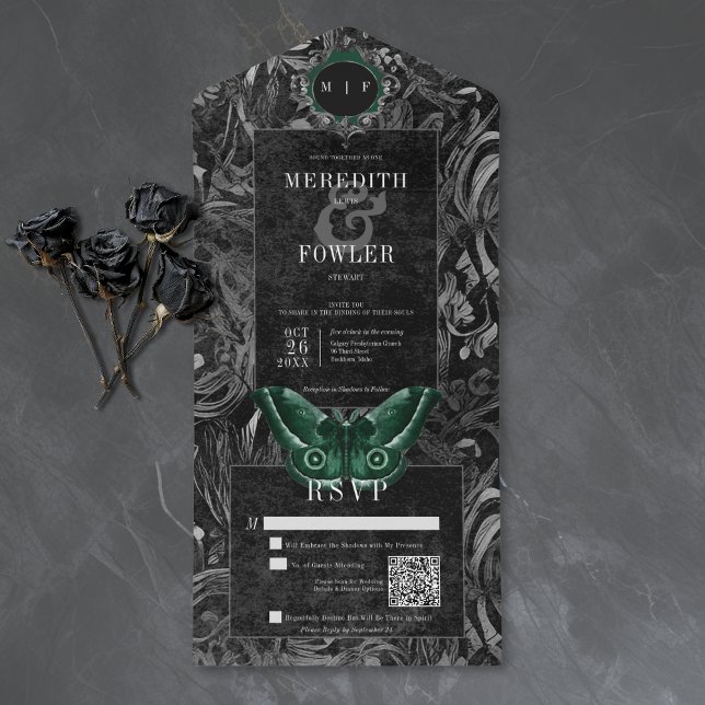 Invitación Todo En Uno Gothic Black Green Filigree Moth QR Code Wedding (Subido por el creador)