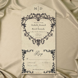 Invitación Todo En Uno Gothic Black Tan Parchment Filigree Heart Wedding