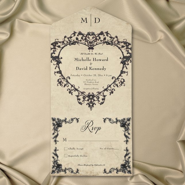 Invitación Todo En Uno Gothic Black Tan Parchment Filigree Heart Wedding (Gothic Black Tan Parchment Filigree Heart Wedding All In One Invitation)