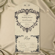 Gothic Black Tan Parchment Filigree Heart Wedding